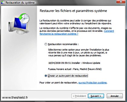 Restauration système - Choix d'un autre point